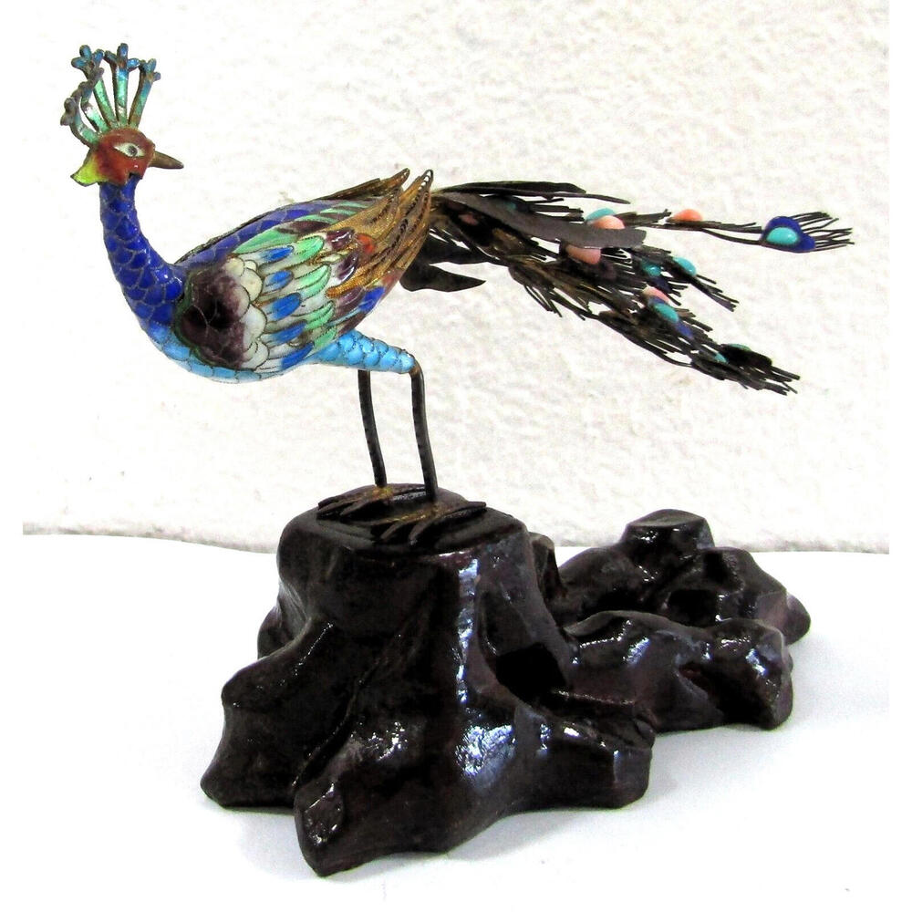 Antique Chinese Silver Gilt Cloisonne Jeweled Peacock Bird Sculpture 19th C. - Picture 3 of 16